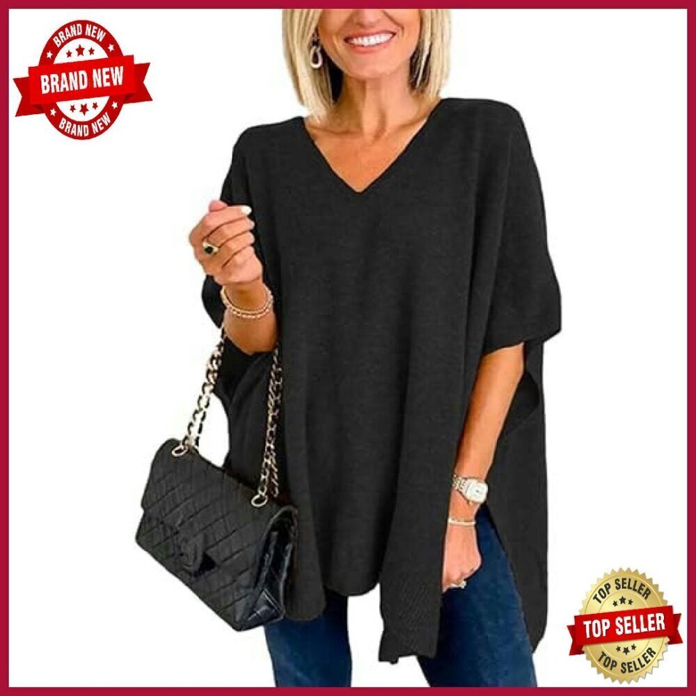 Viscose V-Neck Poncho Sweater with Side Slits, Loose Fit, Short Sleeve